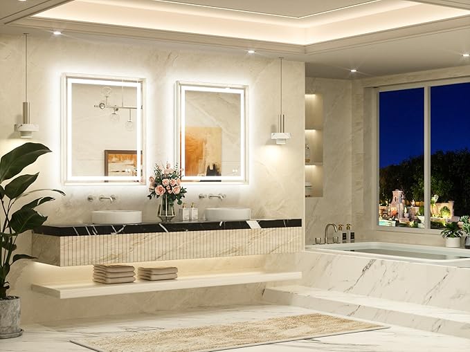 TETOTE Led Bathroom Mirror 30 x 36 with Brushed Nickel Frame Anti-Fog Frontlit & Backlit Vanity Mirror Stepless Dimmable Lighted Mirrors for Bathroom Wall 3 Colors White/Warm/Natural Wall-Mounted
