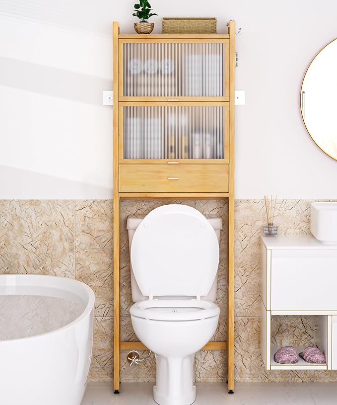 Over The Toilet Storage Shelf with Drawer, Above Bamboo Bathroom Organizer Cabinet with Anti-Tip and Waterproof Feet Pad Design, Freestanding Shelf for Bathroom (Bamboo)
