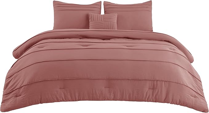 Bedsure Full Comforter Set - 4 Pieces Pinch Pleat Bed Set, Dusty Pink Boho Bedding for All Season, 1 Soft Comforter, 2 Pillowcases, 1 Decorative Pillow