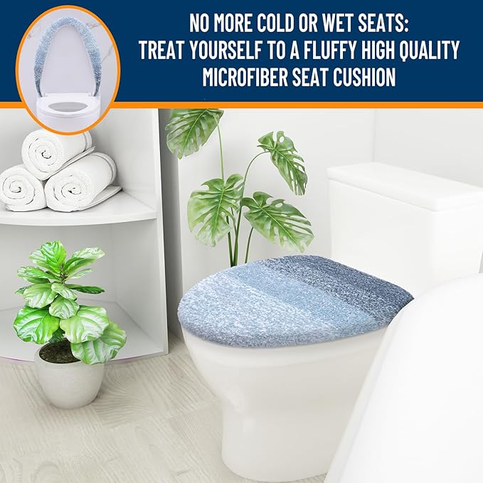 OLANLY Soft Microfiber Bathroom Toilet Lid Cover, Machine Washable Covers, 17.5x15, Stays in Place Rubber Backing, Fits Most Round, Elongated and Oblong Lids, Accessories Decor, Blue
