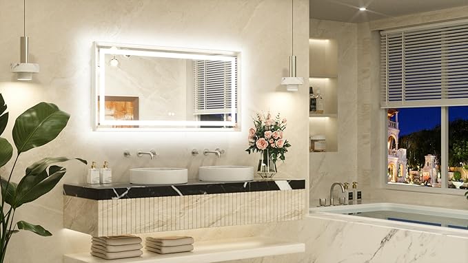 TETOTE 48 x 24 Bathroom LED Mirror Brushed Nickel Metal Frame Frontlit & Backlit Vanity Mirror Stepless Dimmable Anti-Fog 3 Colors White/Warm/Natural Light up Vanity Wall-Mounted