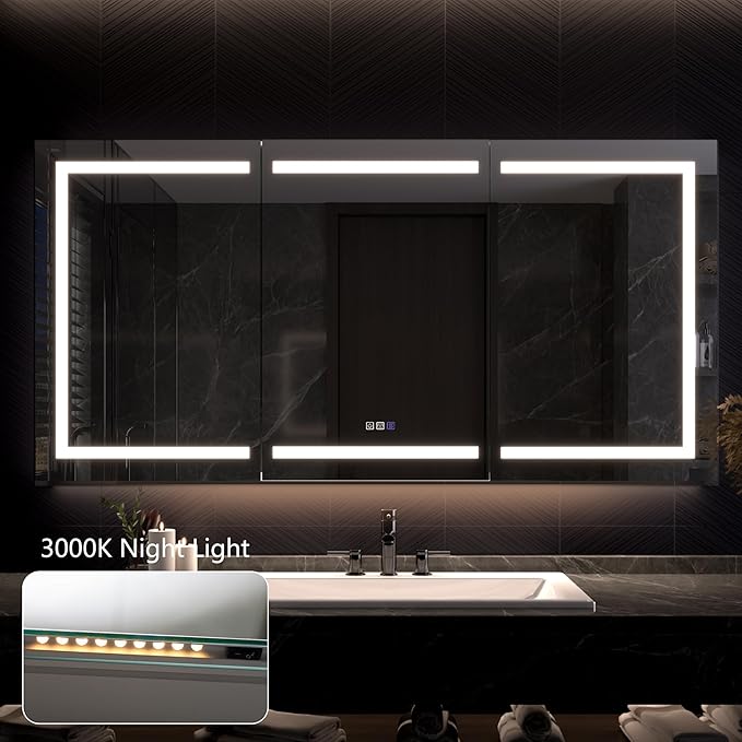 Lighted Medicine Cabinet with Mirror 72"x36" Recessed LED Medicine Cabinet Mirror, Front&Backlit, Anti-Fog, Stepless Dimming, 3-Color Temperatures, Magnifier, 2 Outlets, Storage Shelves, ETL Certified