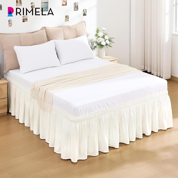 RIMELA Cream White Bed Skirt King Size 18 Inch Drop, Wrap Around Elastic Bedskirt, Dust Ruffle for Adjustable Bed Base Machine Washable Easy to Install Bed Skirts