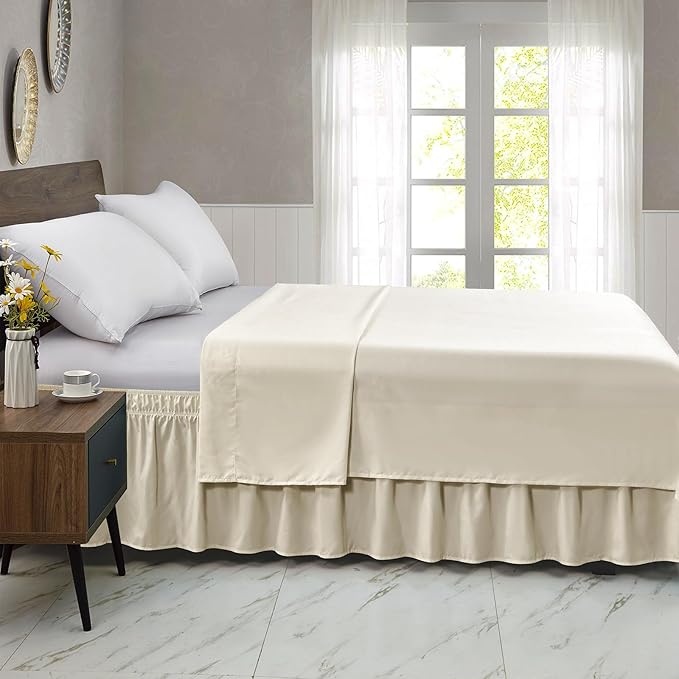 FreshCulture Twin Bed Skirt, Elastic Wrap Around Bed Skirt Twin Size, Bed Skirts for Adjustable Bed, Easy Fit with 15 Inch Drop Length, Hotel Quality Dust Ruffle for Twin Bed (Cream)