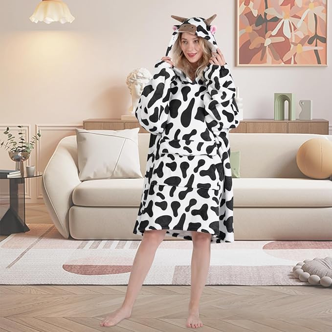 Wearable Blanket Hoodie for Adult,Oversized Sherpa Fleece Blanket Hoodie for Women Men,Cow Print