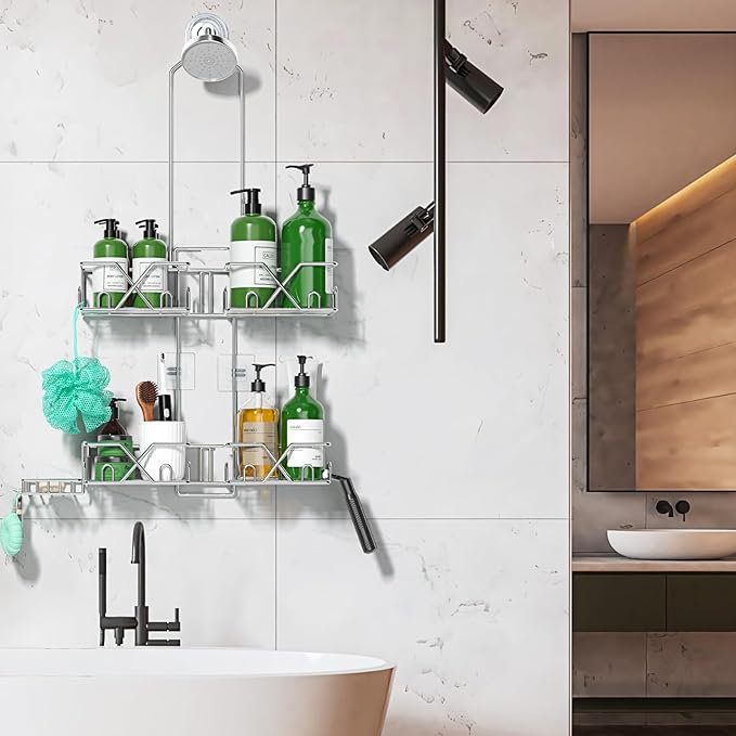 Stainless Steel Shower Caddy for Handheld Shower Heads,Rustproof Hose Shower Organizer Adjustable Length Shower Rack with 24 Hooks,Razor Holder,Soap Holder