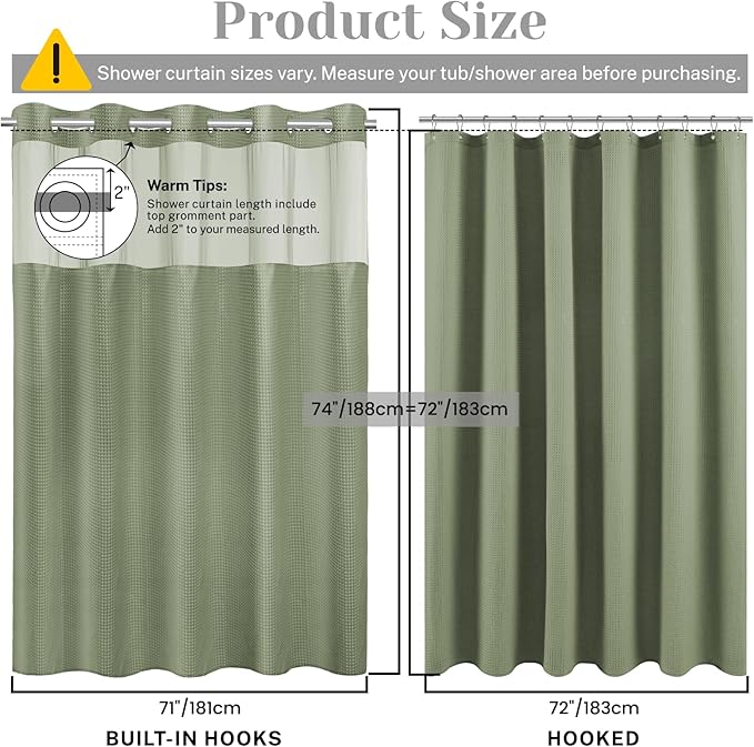 No Hook Shower Curtain with Snap in Liner Set Waffle Shower Curtain for Bathroom Hotel Style Fabric Waterproof Inner Liner,71" W x 74" H, Green