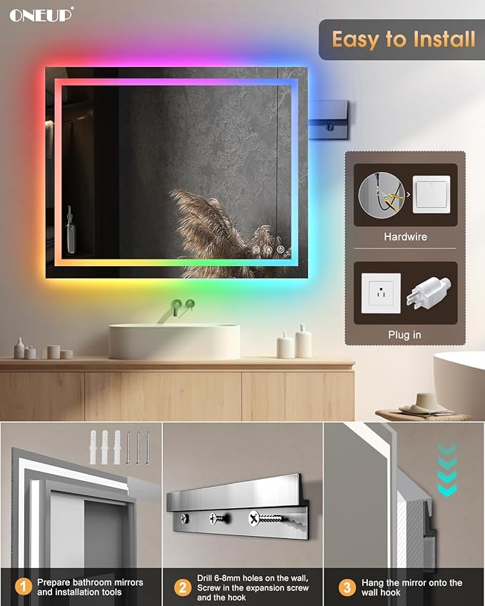 oneup 40x32 Inch LED Bathroom Mirror,RGB Color Changing Bathroom Mirror with Lights,Anti-Fog Wall-Mounted Vanity Mirrors,Smart Dimmable Multicolor Lighted,IP54 Waterproof (Horizontal/Vertical)