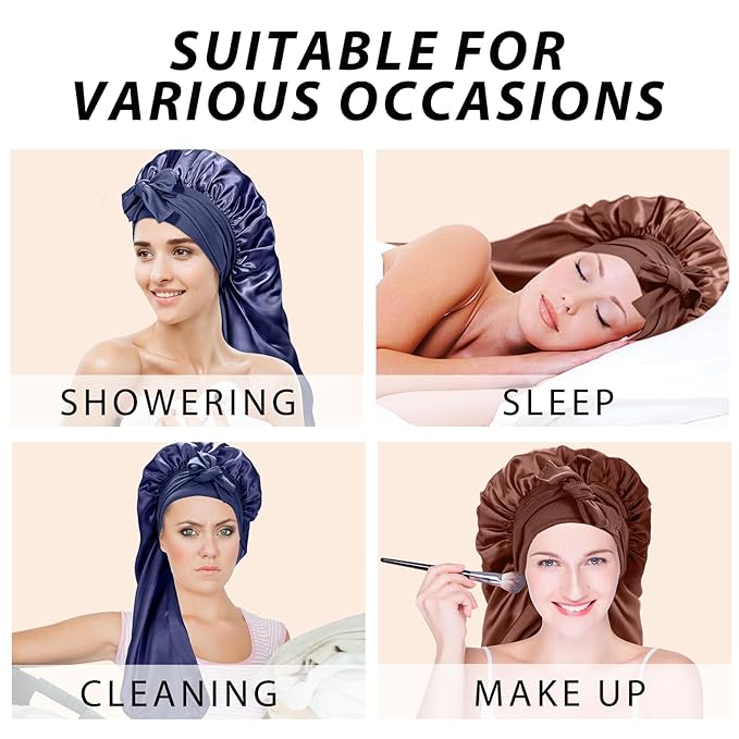 2Pcs Bonnets for Women Sleeping Braid Bonnet, Large Long Satin Silk Bonnet for Braids, Black Women Braid Bonnets with Stretchy Tie Band for Sleeping Extra Long (Brown & Dark Blue) Purple