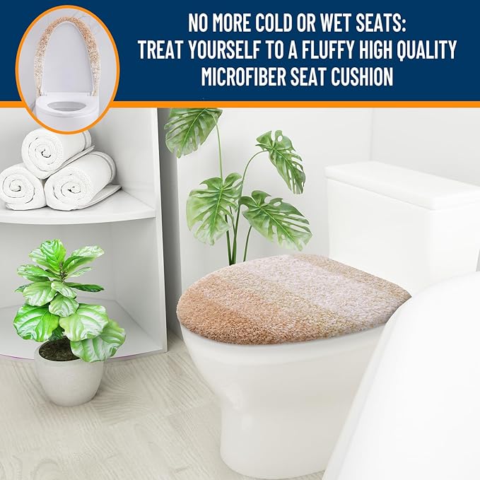 OLANLY Soft Microfiber Bathroom Toilet Lid Cover, Machine Washable Covers, 17.5x15, Stays in Place Rubber Backing, Fits Most Round, Elongated and Oblong Lids, Accessories Decor, Beige