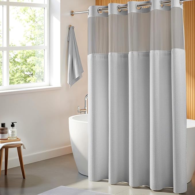 River Dream Gray Fabric Shower Curtain Set, Cotton Blend, Waffle Weave, with Snap in Replacement Liner,71 x 74 inches