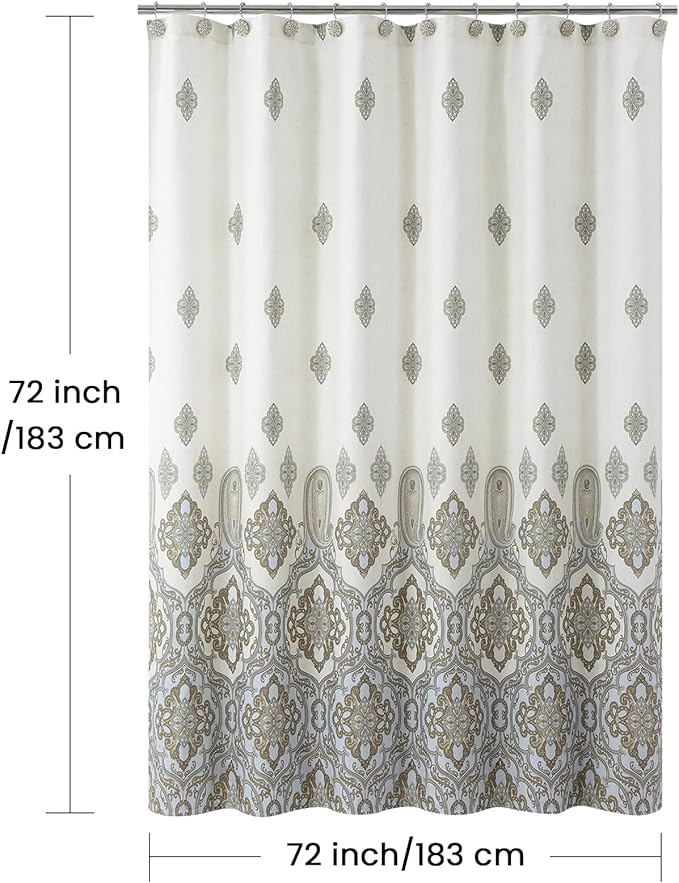 Fabric Shower Curtain, Ivory Taupe Blue Moroccan Paisley Pattern Shower Curtains for Bathroom, 72" W x 72" H