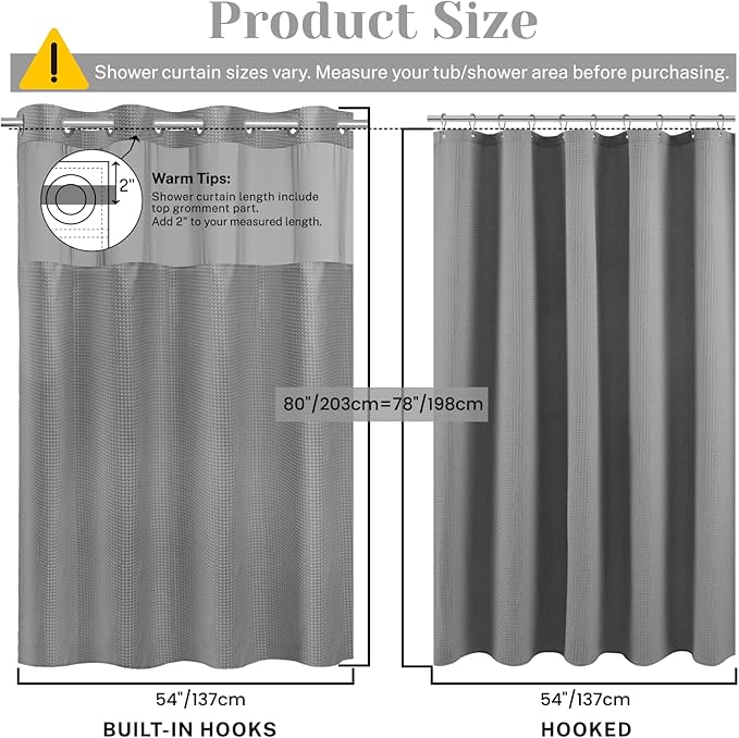 No Hook Shower Curtain with Snap in Liner Set Waffle Shower Curtain for Bathroom Hotel Style Fabric Waterproof Inner Liner,54" W x 80" H, Grey