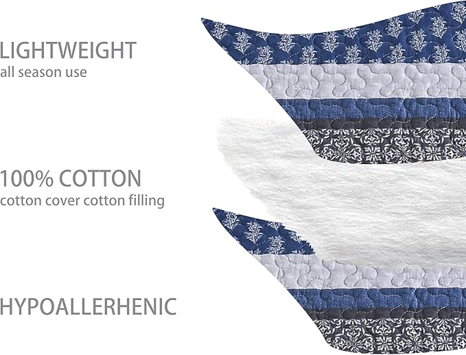 Homzard Bedding Set, King Size Quilt, 100% Cotton, Blue Floral Striped, All Season, 3 Piece Includes Quilt and 2 Shams, Farmhouse Style