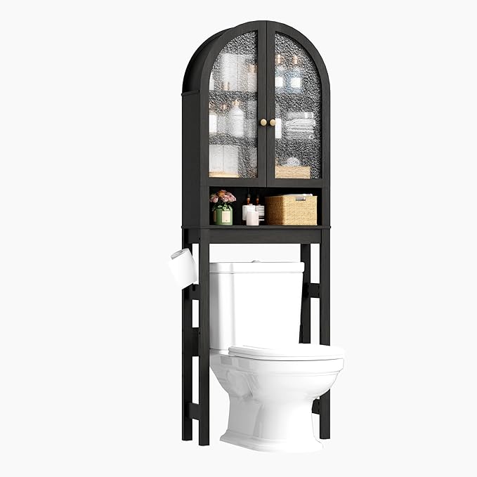 Over The Toilet Storage Cabinet, 23.7”W Modern Storage Cabinet Over Toilet with Rattan Doors, Arched Freestanding Over Toilet Rack with Adjustable Shelf for Bathroom, Dark Brown