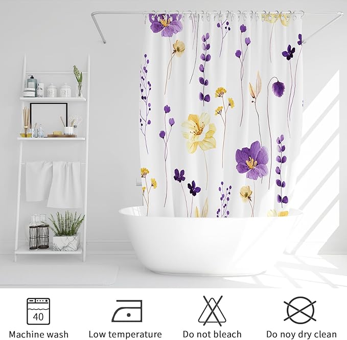 Gibelle Small Stall Shower Curtain 36 x 72, Narrow Half Watercolor Floral Fabric Shower Curtain, Purple Yellow Flower Decorative Bathroom Shower Curtain Set with Hooks