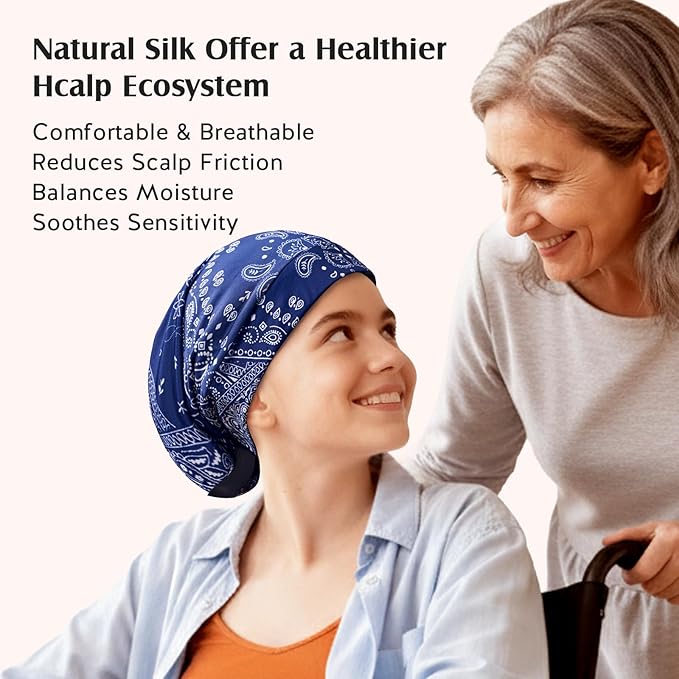 YFONG Print Pure Silk Lined Beanies for Women & Men, 22 MM Mulberry Silk Bonnet for Sleeping, Chemo Headwear, Adjustable Stay on Slouchy Hat Cap for Curly Long Hair & Braids, Blue