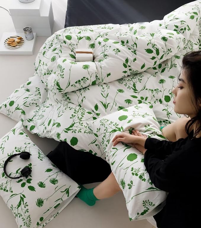 KAREVER Sage Botanical Comforter Queen White Green Floral Plant Bedding Comforter Set Girls Garden Pattern Printed on White Blanket Rustic Leaf Blossom Women White Farmhouse Comforter Queen