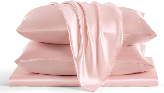 Bedsure Pink Satin Sheets Queen Size - 4 Piece Silky Bedsheets with 15 Inches Deep Pocket Fitted Bedsheet,1 Flat Sheet, 2 Satin Pillowcases, Good for Hair & Skin (Queen, Pink)