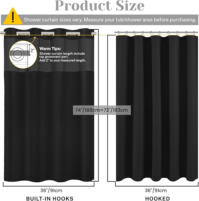No Hook Shower Curtain with Snap in Liner Set Waffle Shower Curtain for Bathroom Hotel Style Fabric Waterproof Inner Liner,36" W x 74" H, Black