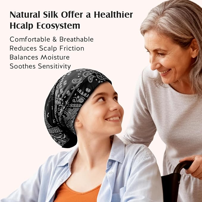 YFONG Print Pure Silk Lined Beanies for Women & Men, 22 MM Mulberry Silk Bonnet for Sleeping, Chemo Headwear, Adjustable Stay on Slouchy Hat Cap for Curly Long Hair & Braids, Black