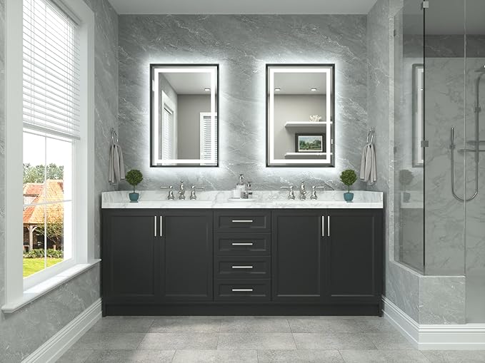 TETOTE 24 x 36 Bathroom LED Mirror Brushed Gunmetal Gray Frame Frontlit & Backlit Vanity Mirror Anti-Fog Stepless Dimmable 3 Colors White/Warm/Natural Wall-Mounted