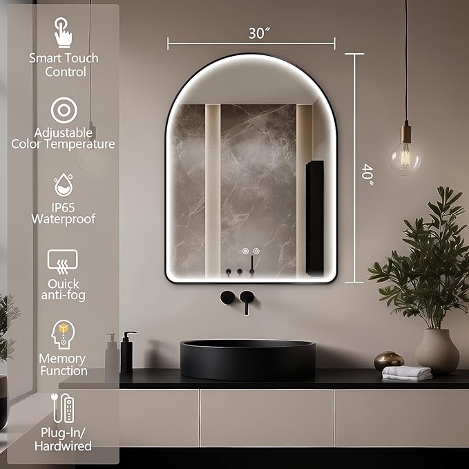Niccy Arched LED Bathroom Mirror, 40"x30" Black Framed Arch Wall Lighted Mirrors, Arching Frontlit Vanity-Mirror with Memory Function for Bathroom Bedroom, Defogger and 3 Color, Explosion-Proof