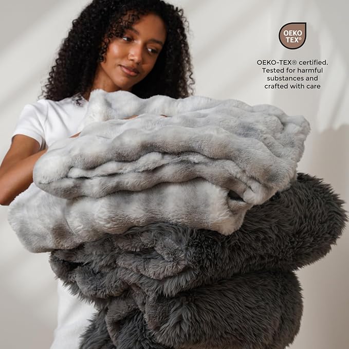Mon Chateau 60" x 70" Dream Faux Fur Throw, Marble Print Plush Luxury Blanket for Couch, Sofa, or Bed, Soft Reversible Throw Blanket for Sleeping, Home & Room Decor, Driftwood Bubble