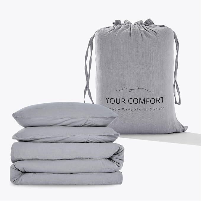 Gray Duvet Cover Queen Size, 100% Sandwashed Cotton Soft Queen Duvet Cover Set 3 Pieces with Zipper Clousre & Corner Buttons (Gray, Queen 90 x 90)