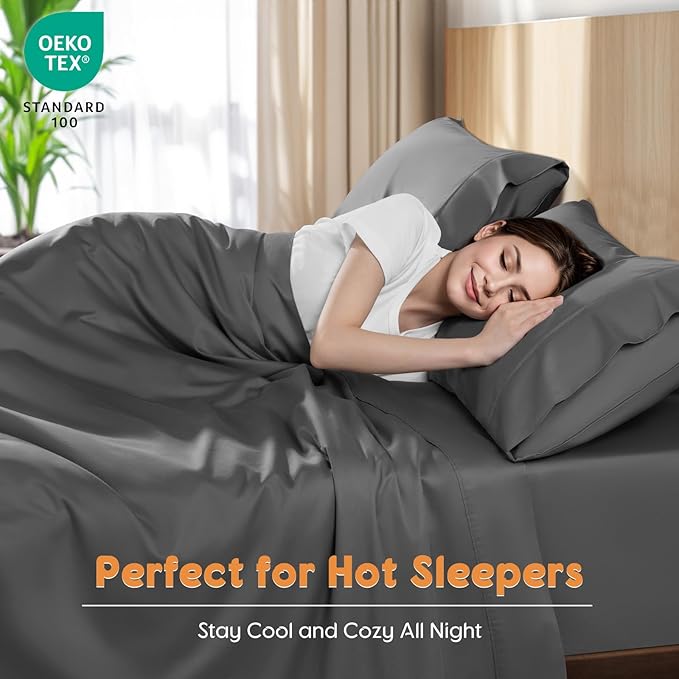 LBRO2M 100% Cotton Sheets Set Queen Size 600 Thread Count 4 Piece Sets Bed Sheet Deep Pocket Up to 16" Soft Comfortable All Season (Queen, Dark Gray)