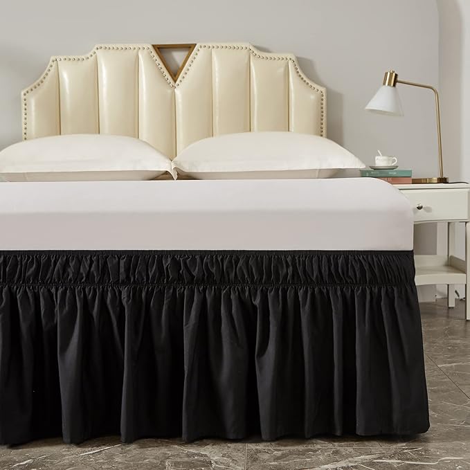 MEILA Wrap Around Bed Skirt Three Fabric Sides Elastic Dust Ruffled 24 Inch Tailored Drop,Easy to Install Fade Resistant-Black, Queen/King