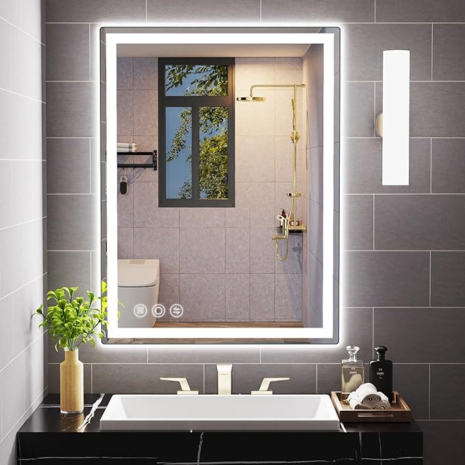 Bathroom Mirror, 28"x 36" Vanity Mirror with Lights, LED Mirrors with Anti-Fog, Stepless 3 Colors Temperature & Dimmable, Memory Tempered Glass Bathroom Mirrors for Over Sink