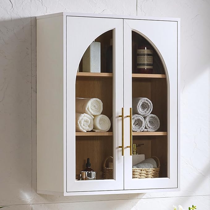 Bathroom Arched Wall Cabinet Over The Toilet Storage Cabinet, 23.6×31.4 Inch Bathroom Medicine Cabinet Wall Mount with Adjustable Shelves & Glass Door, Space Saver Wall Cabinet for Laundry,White