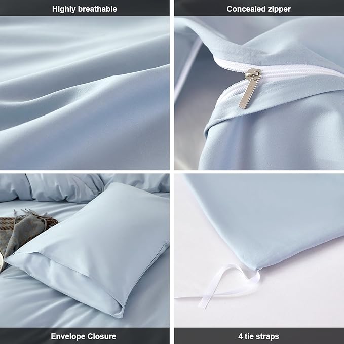 Duvet Cover Queen Size 100% Egyptian Cotton Duvet Cover Set,1600 Thread Count Feel Super Soft Comfortable Chic Lightweight 3 PCs Home Bedding Set (Light Blue, 90''x90''