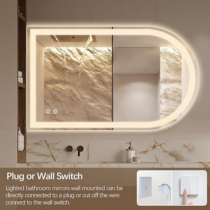 Niccy Arched LED Bathroom Mirror, 40x24 Arch Wall Mounted Frameless Bathroom Mirror for Vanity, Smart Lighted Frontlit Mirrors with Memory Function for Bathroom Bedroom Beauty Hair Salon