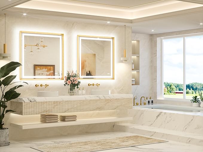 TETOTE Led Bathroom Mirror 36 x 36 with Brushed Gold Frame Anti-Fog Frontlit & Backlit Vanity Mirror Stepless Dimmable Lighted Mirrors for Bathroom Wall 3 Colors White/Warm/Natural Wall-Mounted