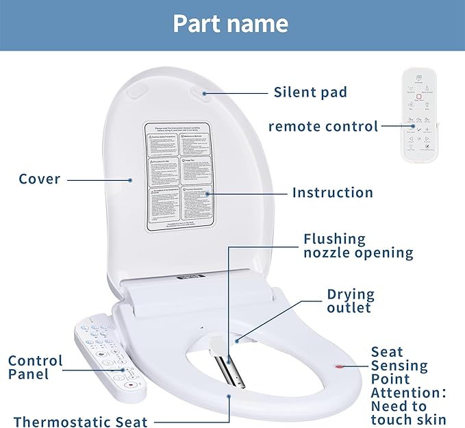 KERDE P30A Electric Bidet Toilet Seat with Auto Flush & Dual-Control (Remote+Panel) โ Heated Seat, Warm Water Wash, Self-Cleaning Nozzle, Universal Fit for Elongated Toilets (Remote+Armrest)