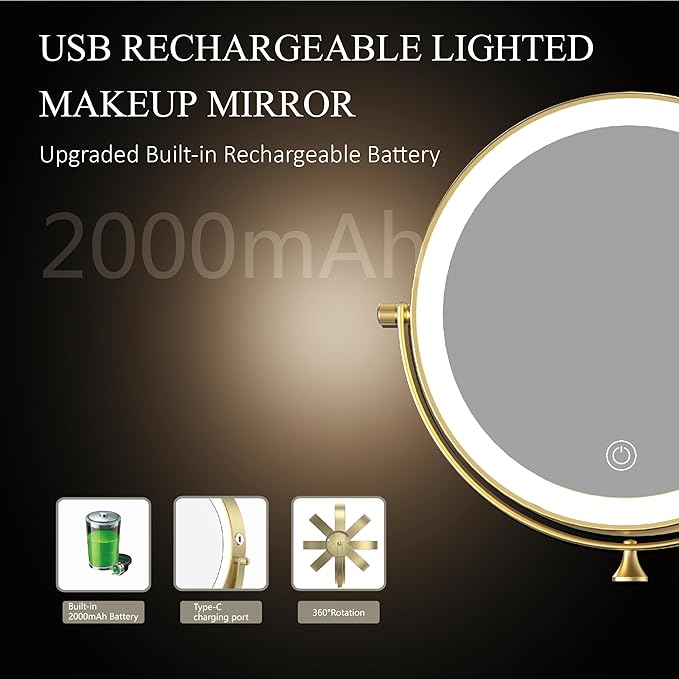 Rechargeable Wall Mounted Lighted Makeup Vanity Mirror 9 Inch Double Sided 1X 10X Magnifying Bathroom Mirror, 3 Color Lighting, Touch Screen Dimming, 360 Rotation Shaving Mirror Gold