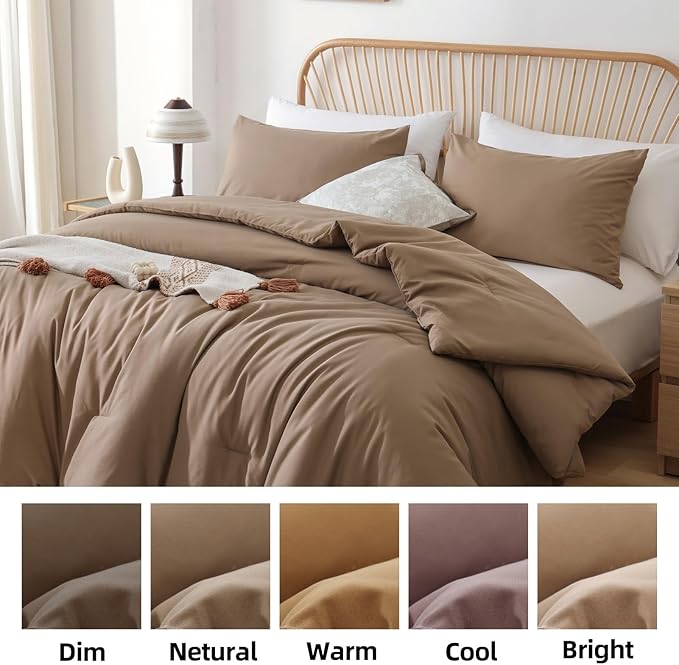 ROSGONIA Queen Comforter Set Dark Khaki Brown, 3pcs Bedding Comforter Sets(1 Comforter & 2 Pillowcases) All Season Lightweight Bedspread Blanket Quilt