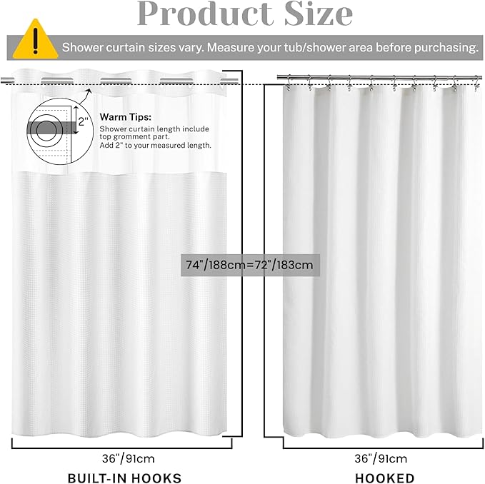 No Hook Shower Curtain with Snap in Liner Set Waffle Shower Curtain for Bathroom Hotel Style Fabric Waterproof Inner Liner,36" W x 74" H, White