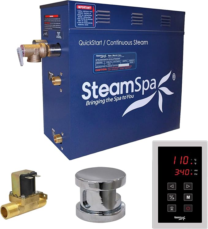 STEAMSPA 7.5kW Steam Sauna Generator Sentry Series 240V Steam Generator with Touch Screen, Steamhead, Built-in Steam Shower Auto Drain, ACU Quickstart Steam Bath Generator (Chrome)