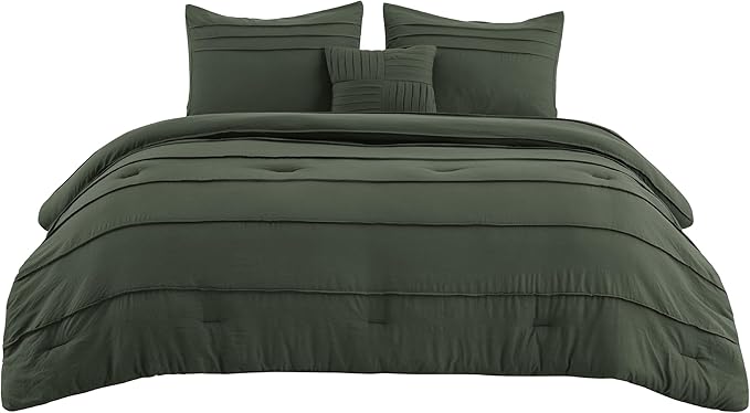 Bedsure Twin Comforter Set - 3 Pieces Pinch Pleat Bed Set, Olive Green Boho Bedding for All Season, 1 Soft Comforter, 1 Pillowcase, 1 Decorative Pillow