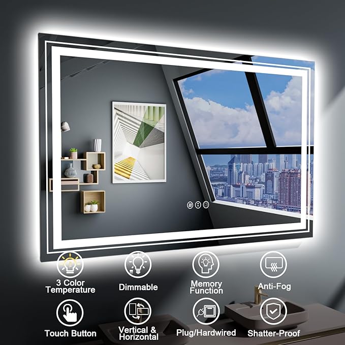 LED Bathroom Mirror, 60"X40" with Front and Backlit, Anti-Fog, Large Bathroom Vanity Mirror for Wall, Memory Function, Stepless Dimmable, Tempered Glass (Horizontal/Vertical)