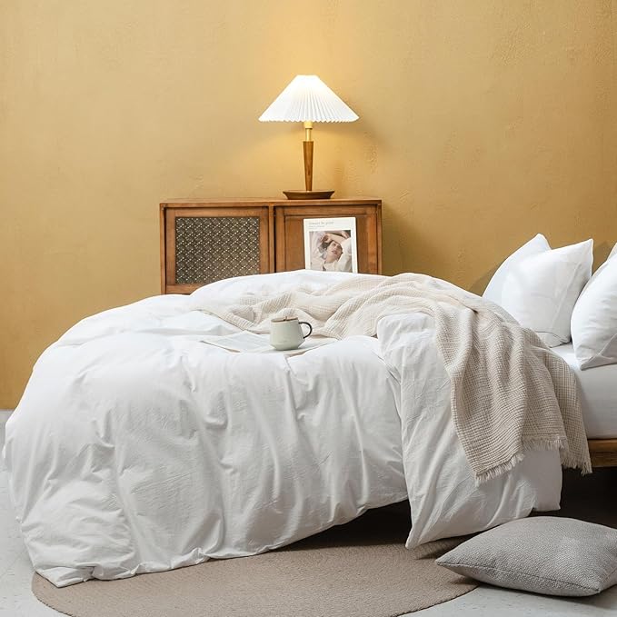 FOSSA White Duvet Cover Set, 100% Washed Cotton Linen Feel Super Soft Breathable Cozy 3 Pieces Bedding Sets Solid Off White Oversized King Plus