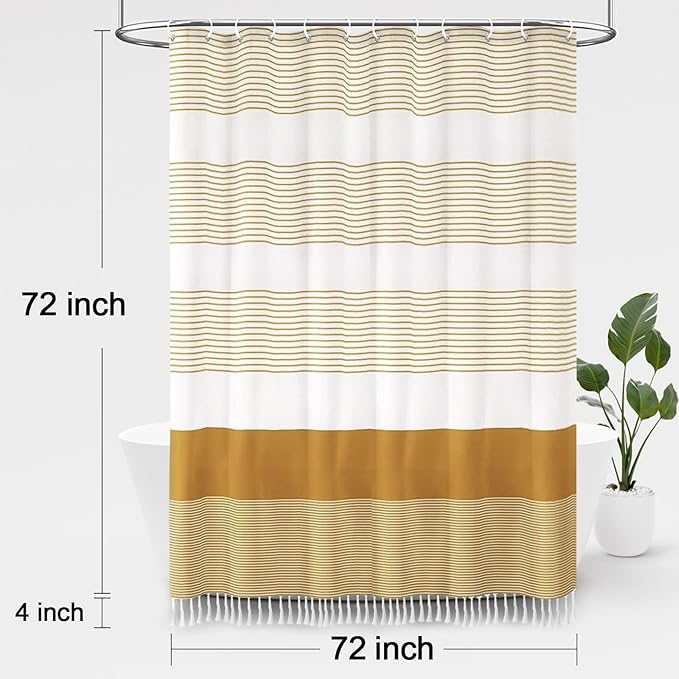Awellife Gold Boho Shower Curtain for Bathroom Farmhouse Cotton Stripe Tassel Shower Curtain Natural Texture 72 X 72