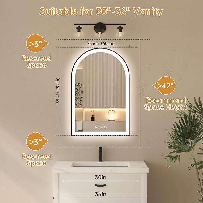 Arched LED Bathroom Mirror 24"x36", Black Bathroom Mirror with Lights-Anti-Fog, Dimmable-LED Mirror for Bathroom,3 Colors