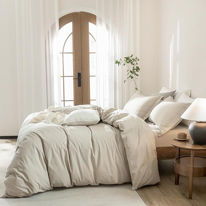 Linen Grey Duvet Cover Super King Size 108inch x 98inch,100% Washed Cotton Duvet Cover with Zipper Closure and 2 Pillowcases, Color of New Nature Linen