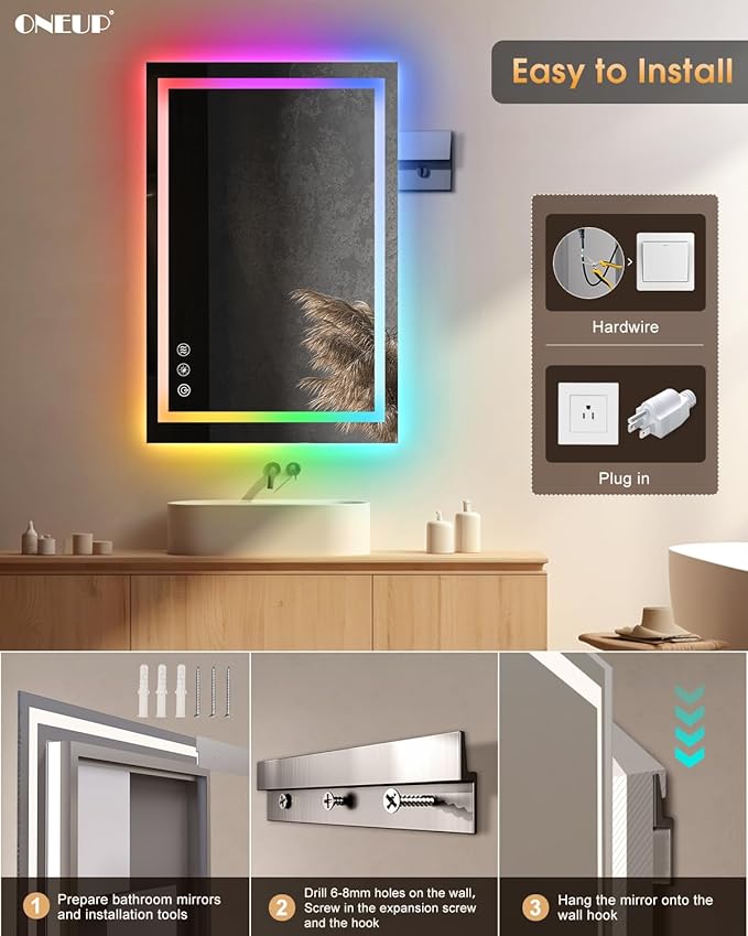 oneup 24x36'' RGB LED Bathroom Mirror with Lights,RGB Color Changing Bathroom Mirror,Lighted Vanity Mirrors for Wall,Dimmable,Anti-Fog,IP54 Waterproof (Horizontal/Vertical)