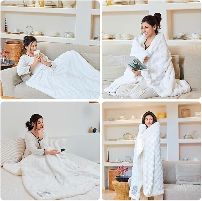 Electric Blanket Throw - Soft Checked Flannel with 6 Heating Levels, 4 Hours Auto-Off, Fast Heating, ETL & FCC Certified, 50"x60", Overheating Protection, Cozy Heated Blanket Throw(White)