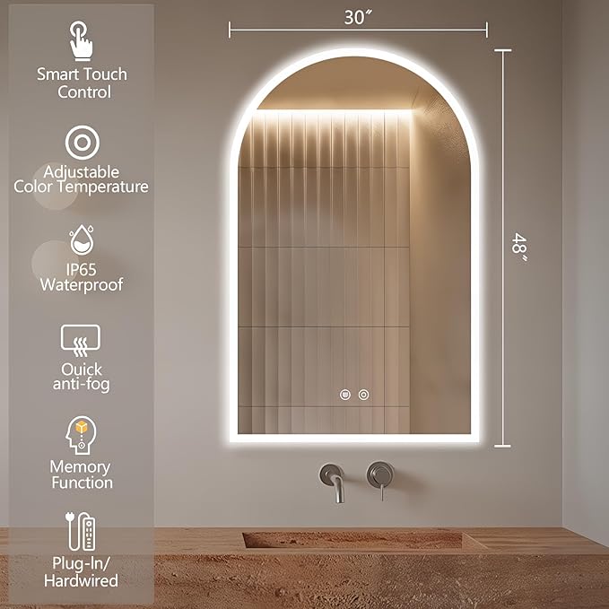 Niccy Arched LED Bathroom Mirror, 48"x30" Arch Frameless Frontlit & Backlit Mirrors for Wall, Arched Lighted Vanity Mirrors with Memory Function for Bathroom Bedroom, Defogger 3 Color, Explosion-Proof